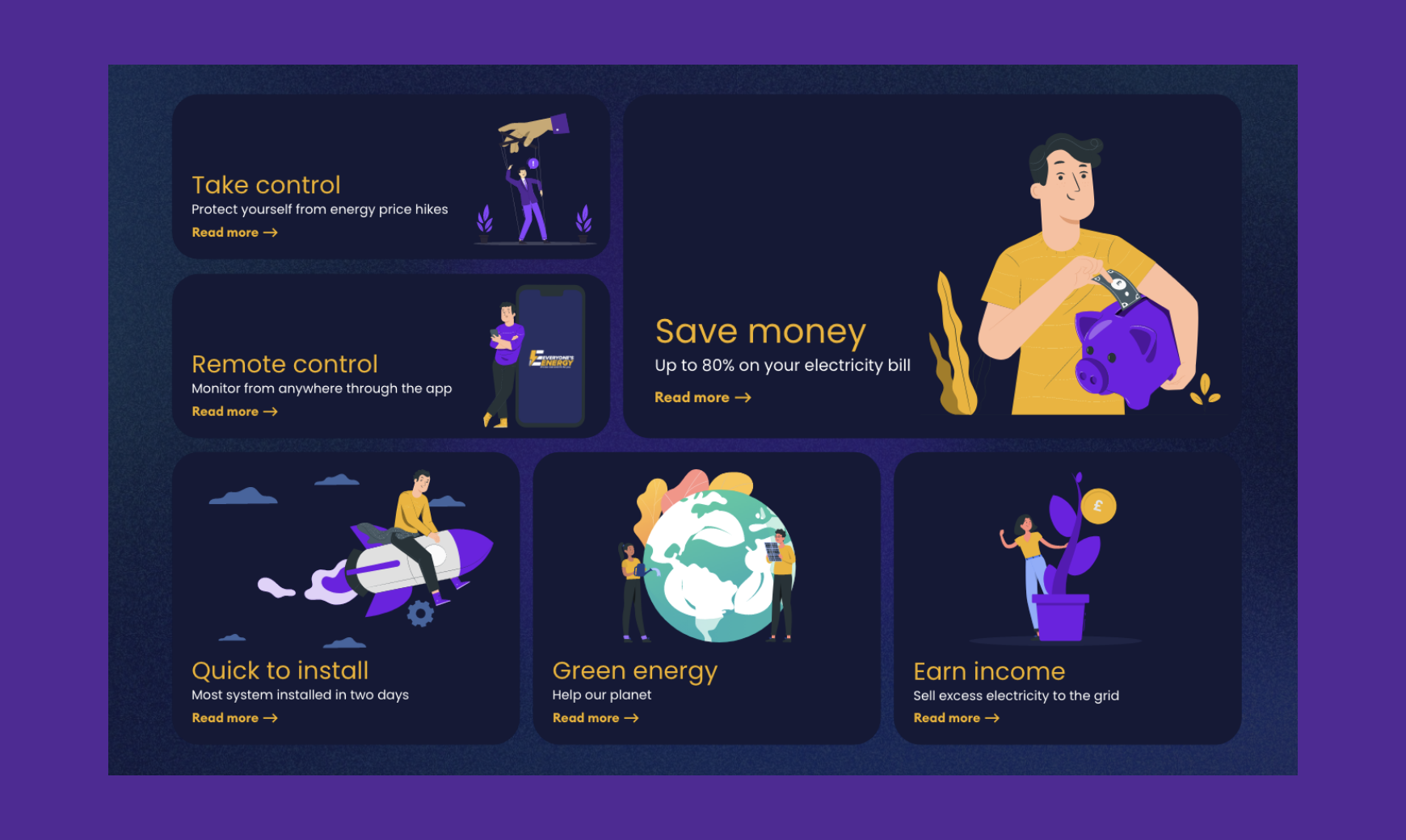 Everyone's Energy's bespoke web design benefits cards