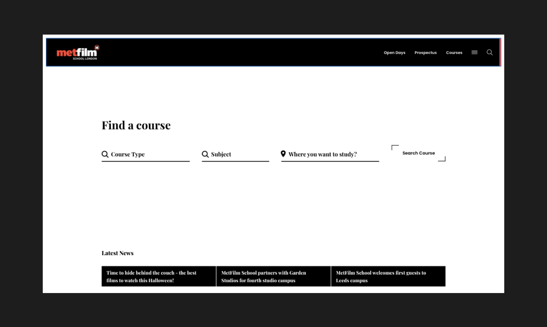 MetFilm School's bespoke web design find a course page