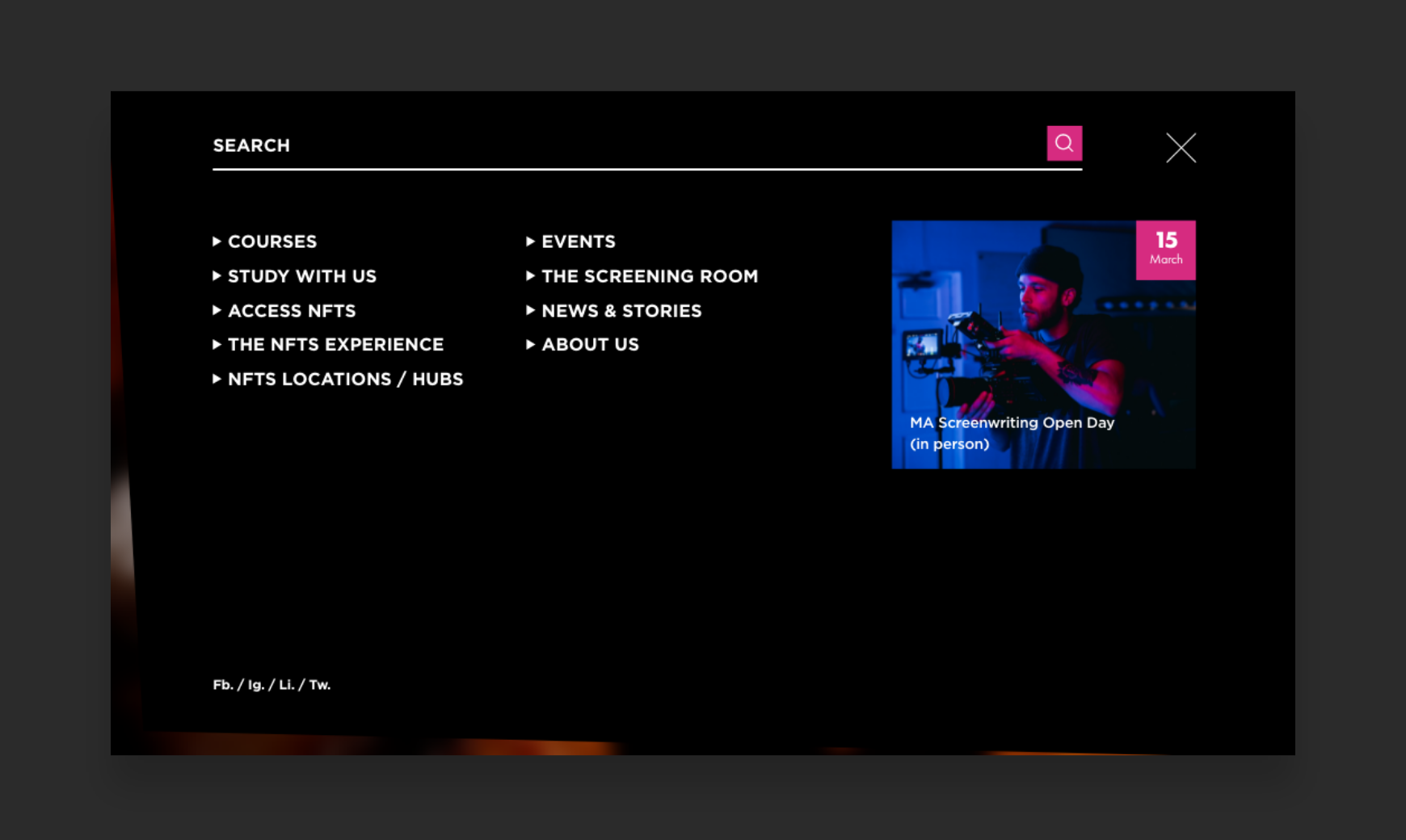 National Film and Television School (NFTS) bespoke web design menu