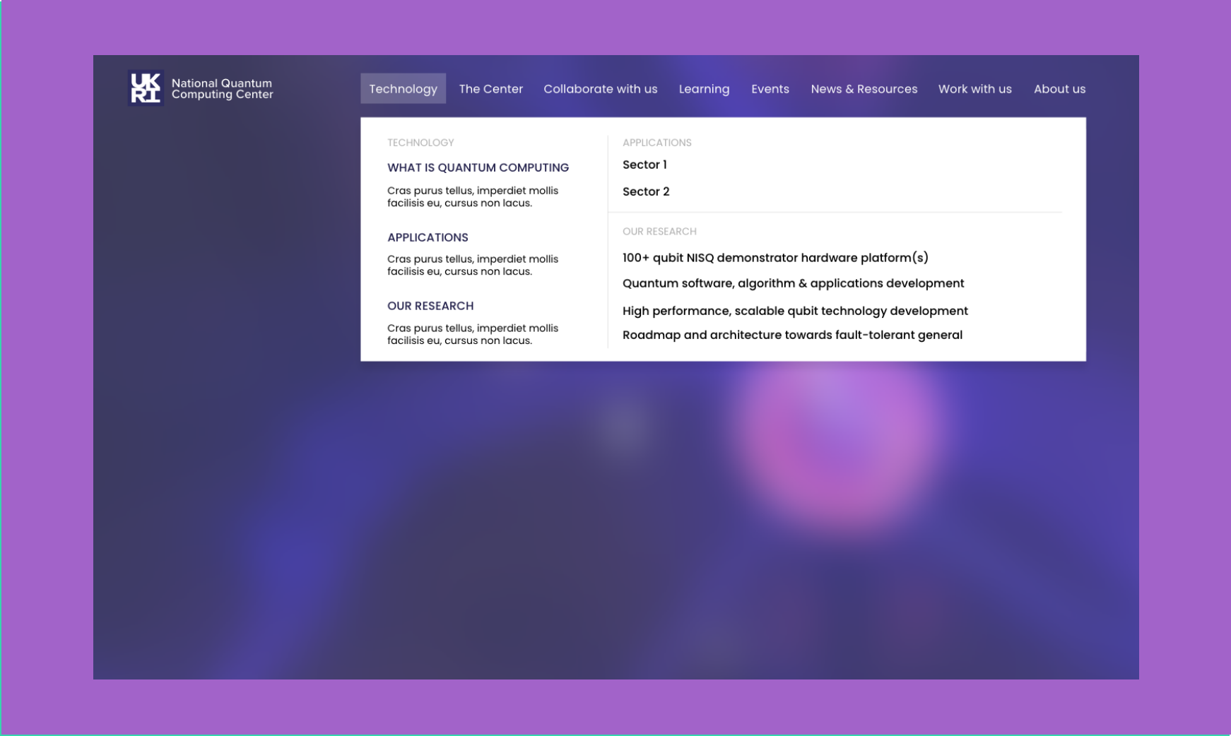 National Quantum Computing Centre (NQCC) bespoke web design menu