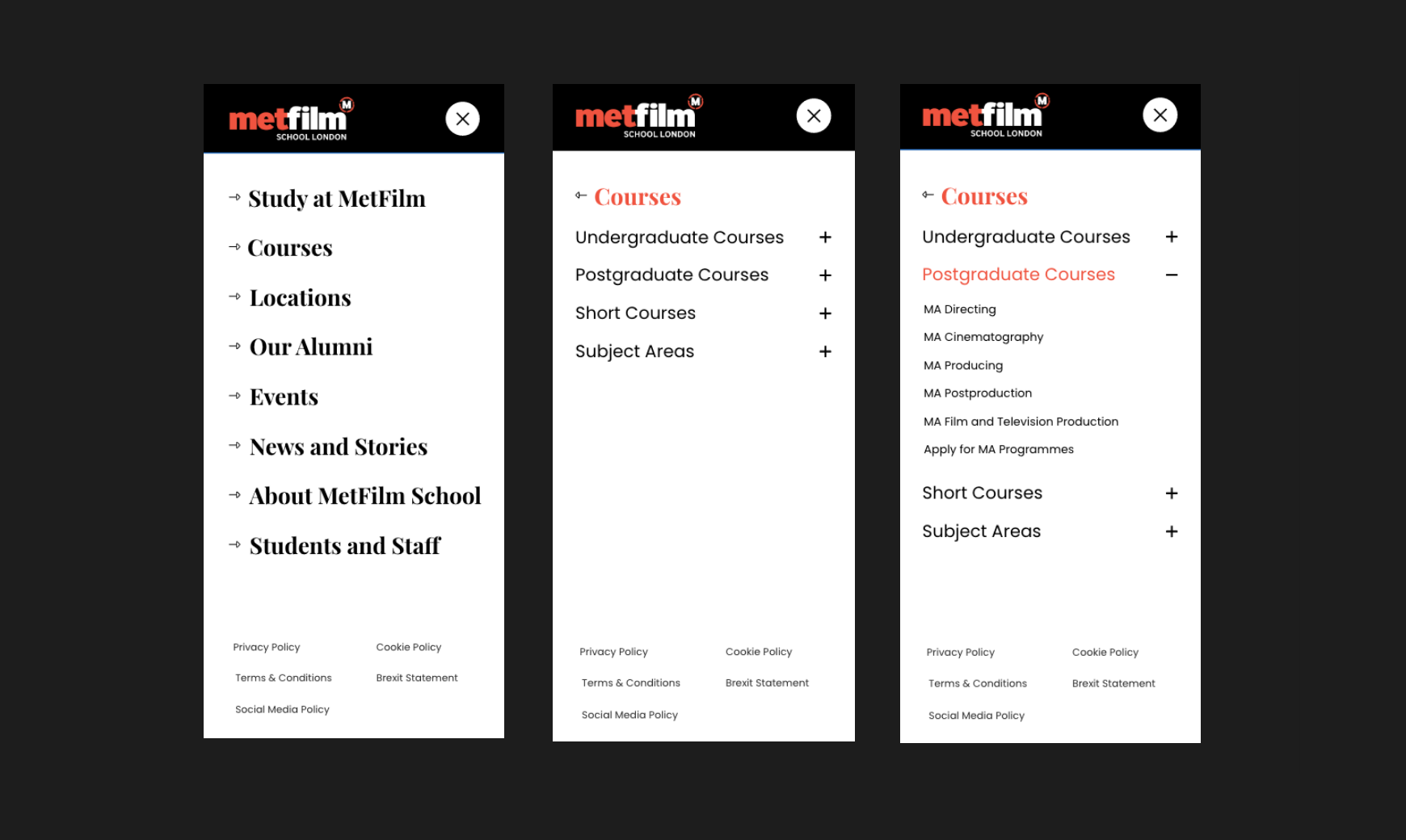 MetFilm School's bespoke web design menu