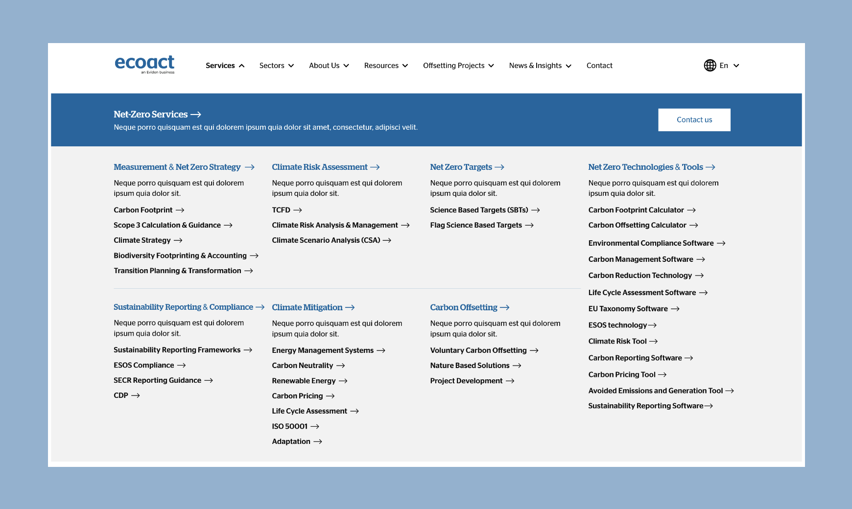 EcoAct's bespoke web design menu