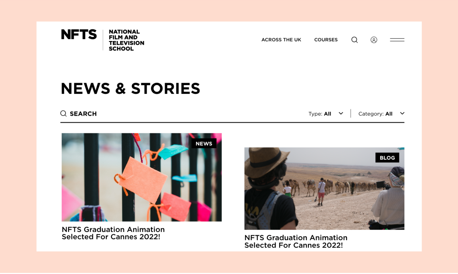National Film and Television School (NFTS) bespoke web design news and stories page