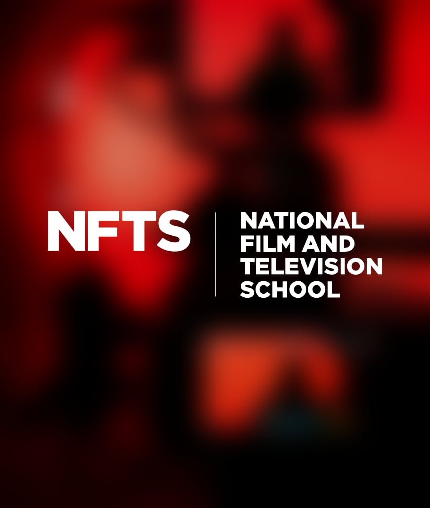 National Film and Television School (NFTS) logo displayed on a black and red background