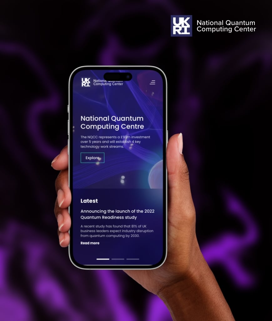 Smartphone displaying National Quantum Computing Centre (NQCC) bespoke web design within the B2B sector