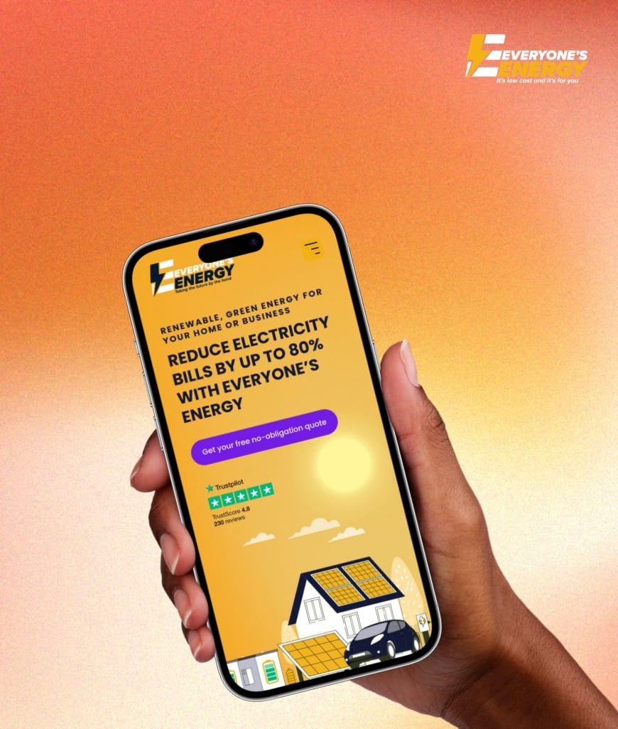 Smartphone displaying Everyone's Energy's bespoke web design within the B2C sector