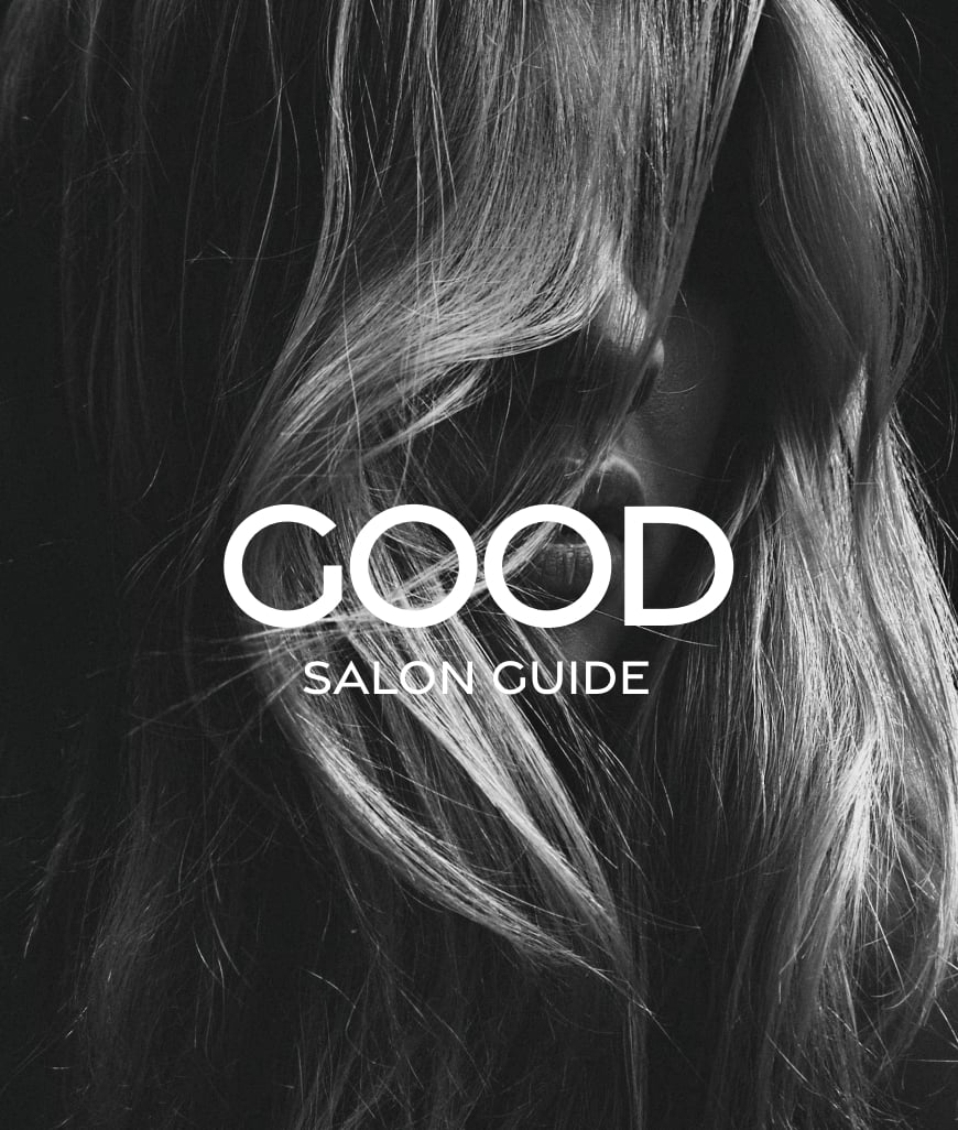 Good Salon Guide logo on black and white background