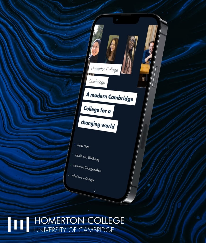 Smartphone displaying Homerton College's bespoke web design within the education sector