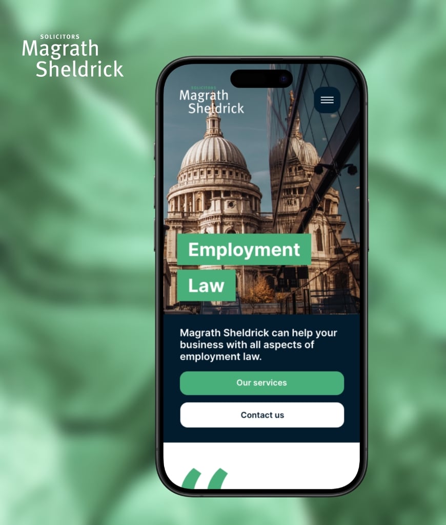 Mobile displaying Magrath Sheldrick Solicitors' bespoke web design within the law sector