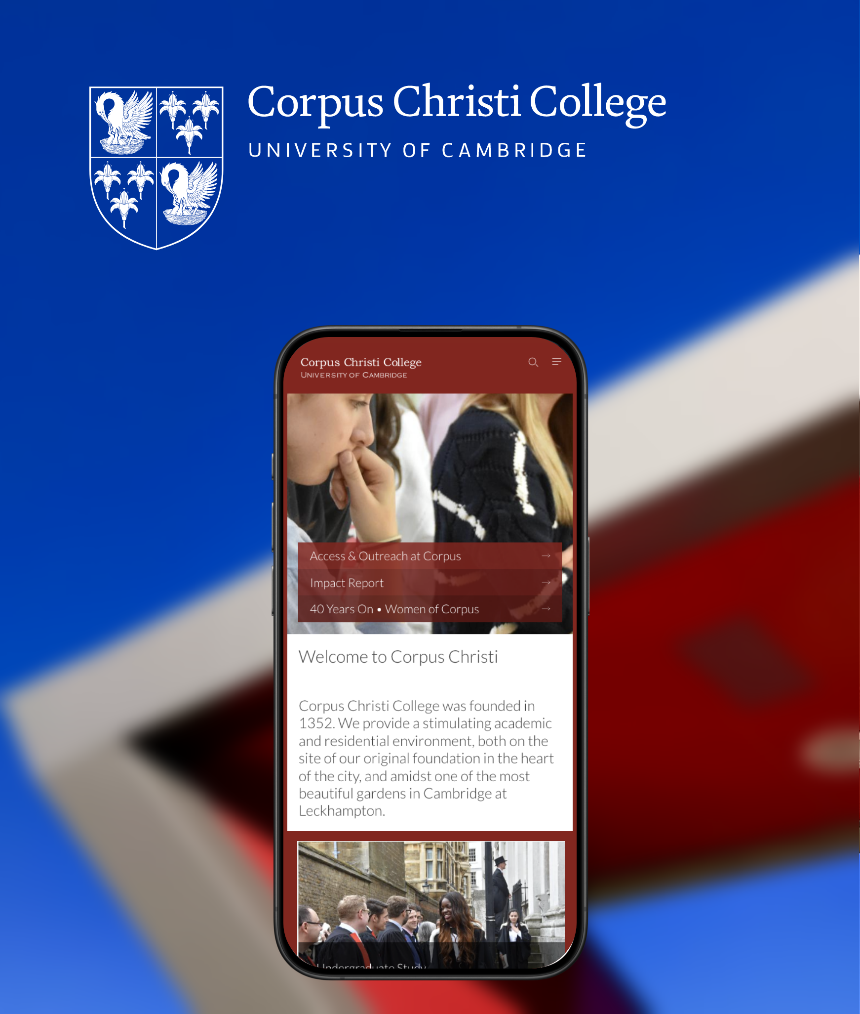 Mobile displaying responsive university web design for Corpus Christi College, Oxford University