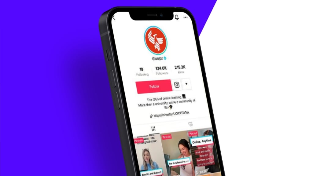 Mobilde displaying University of Phoneix's TikTok page