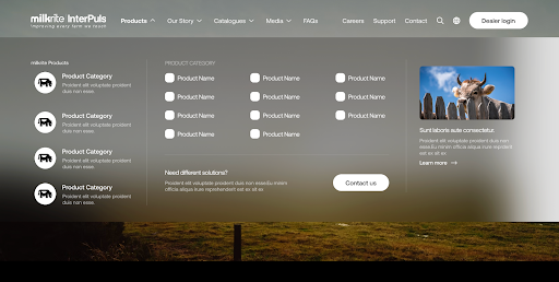Milkrite mega menu using frosted glass web design trend.