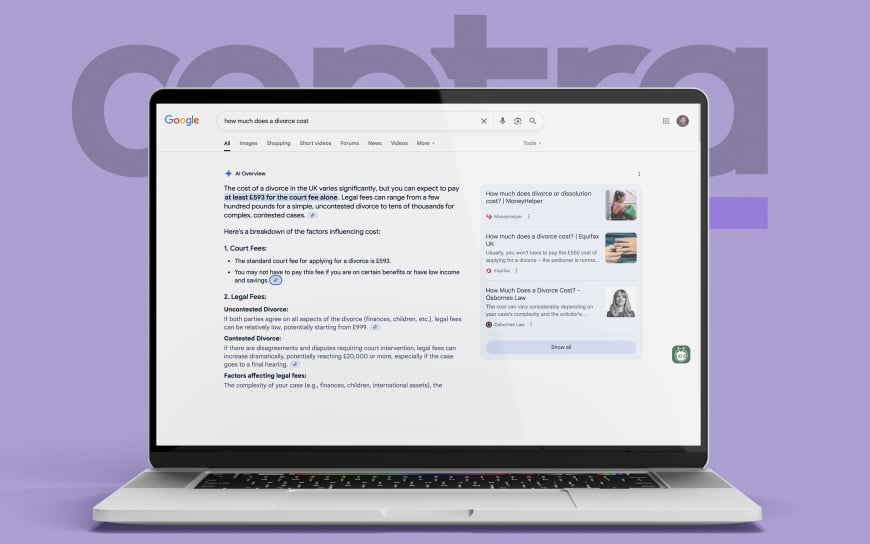 Laptop displaying a Google search results page featuring an AI Overview.
