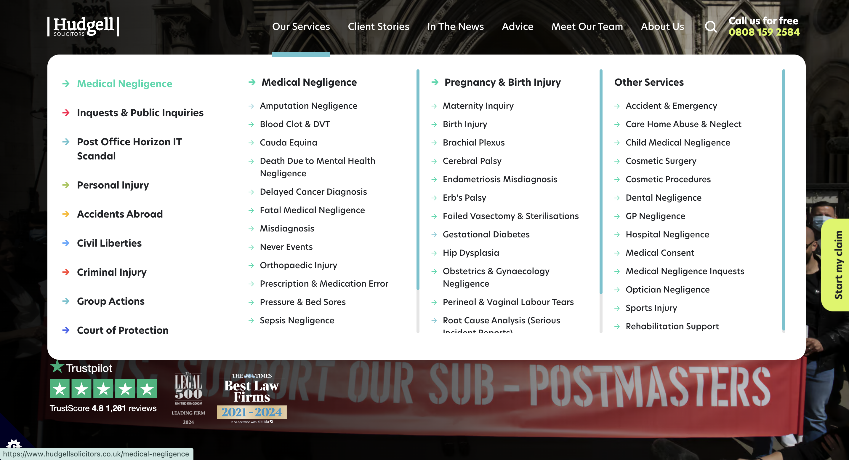 Hudgell Solicitors web design meg menu