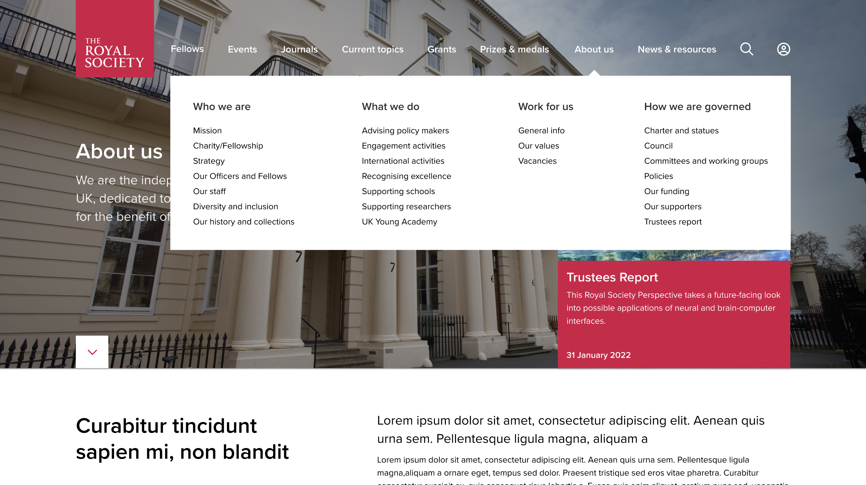 The Royal Society web design menu