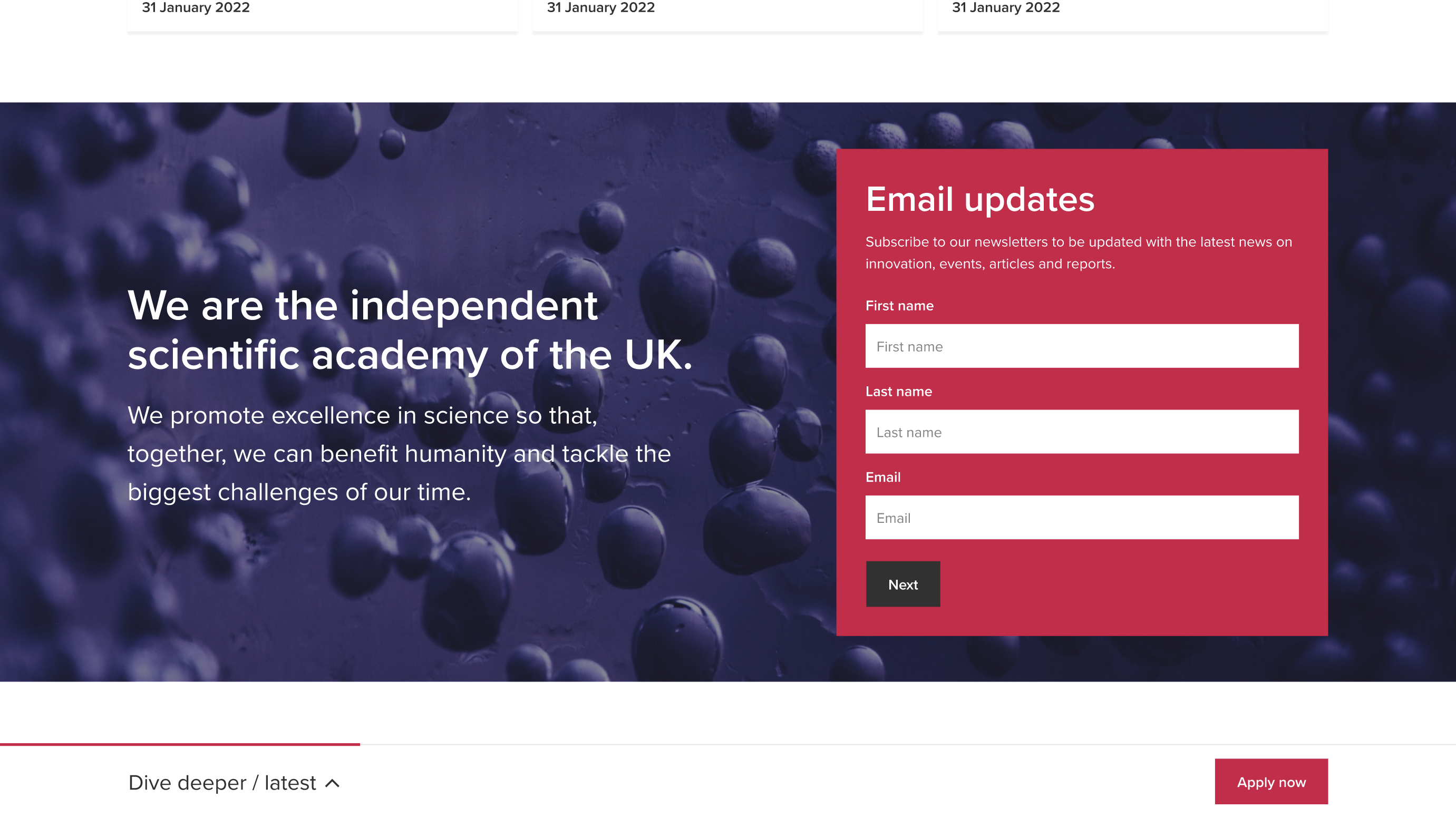 The Royal Society web design newslettter sign up component